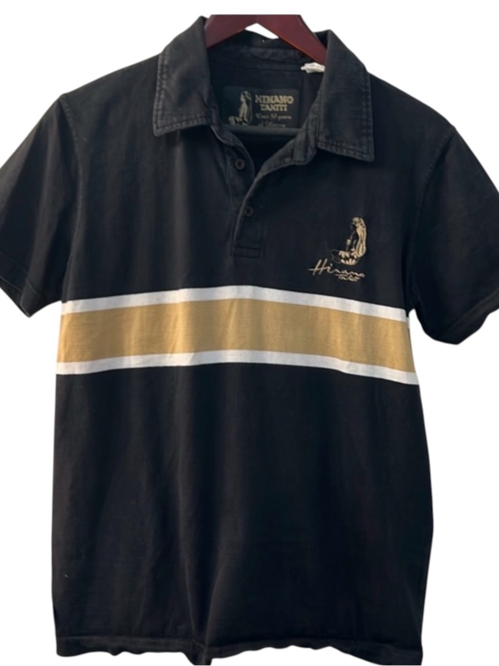 HINANO TAHITI Men’s Sz M Polo Shirt Embroidered Logo Surfer Stripe Retro Styling
